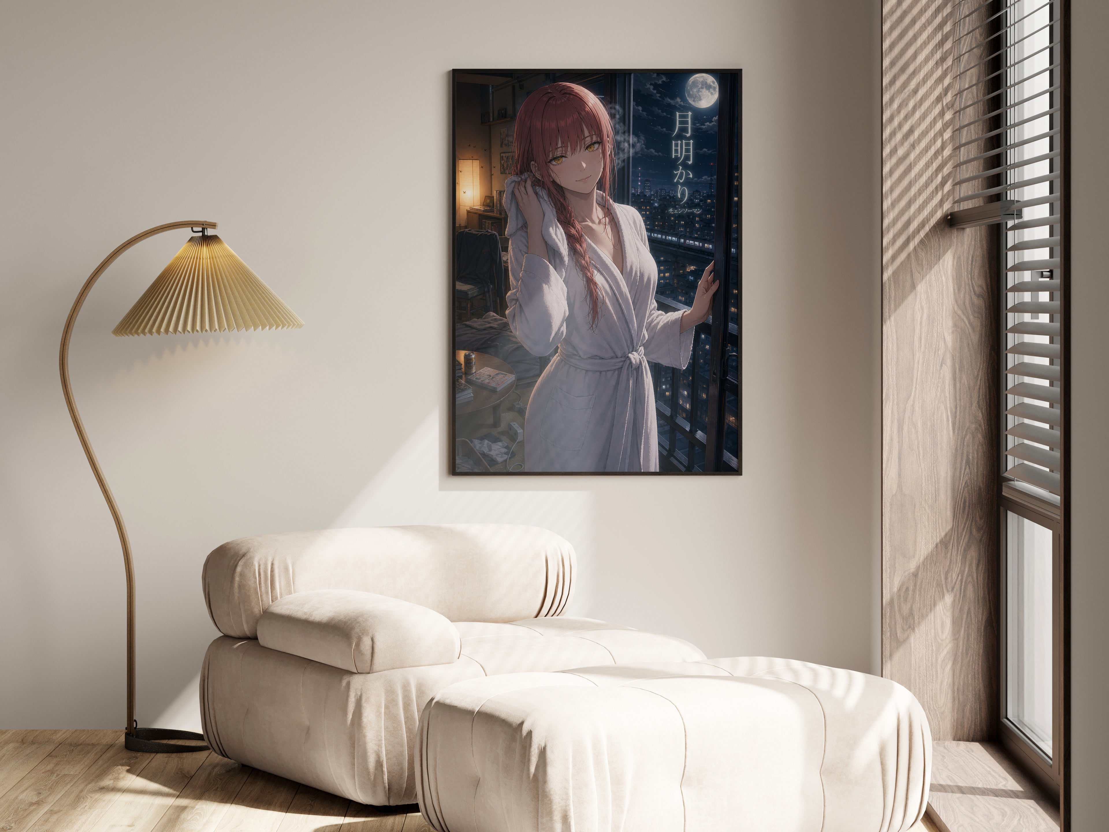 Makima Moonlight Bath Chainsaw Man Anime Poster Night Bathroom Art Print