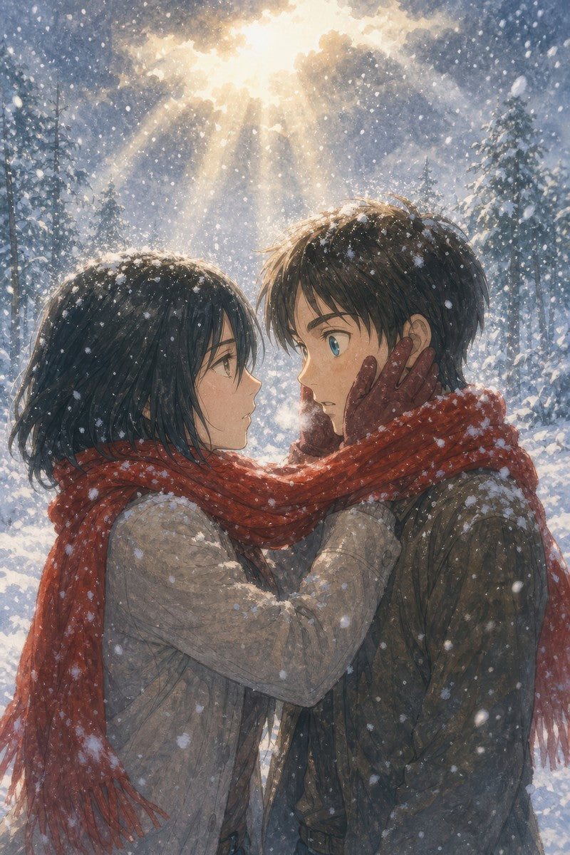 Attack on Titan Mik01Snow Mikasa Eorn Snow Embrace Watercolor Storybook Romance
