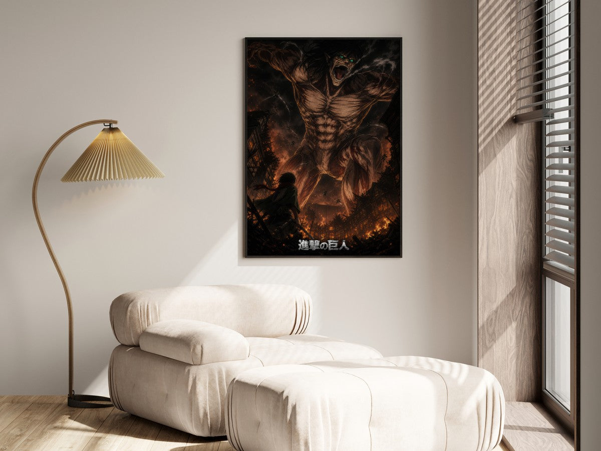 Eren Attack on Titan wall art displayed in a modern living room