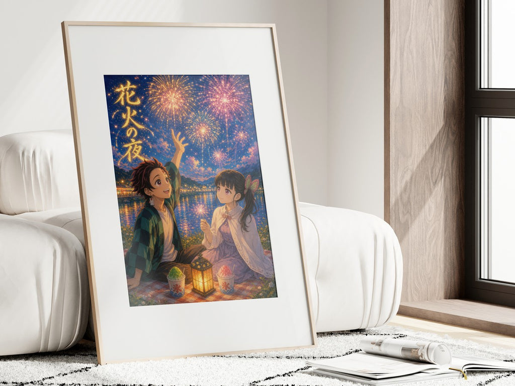 Demon Slayer Tanjiro Kanao Dreamy Fireworks Riverbank Anime Poster
